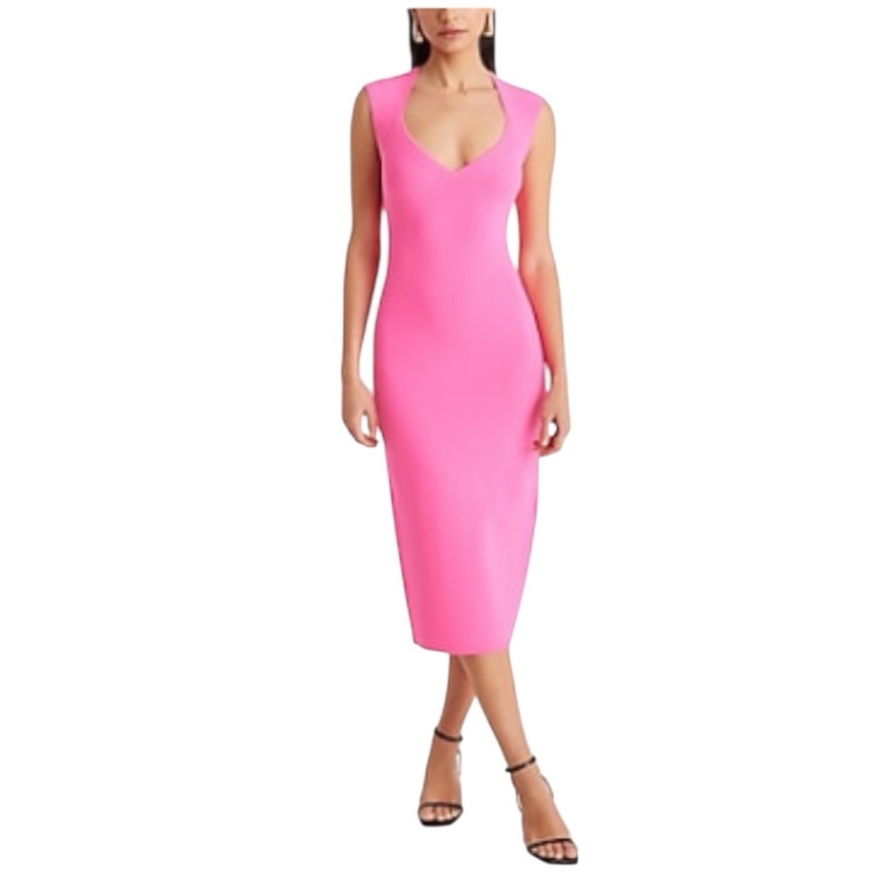 EXPRESS Hot Pink Body Contour Sweetheart Neckline Midi Dress S NWT
